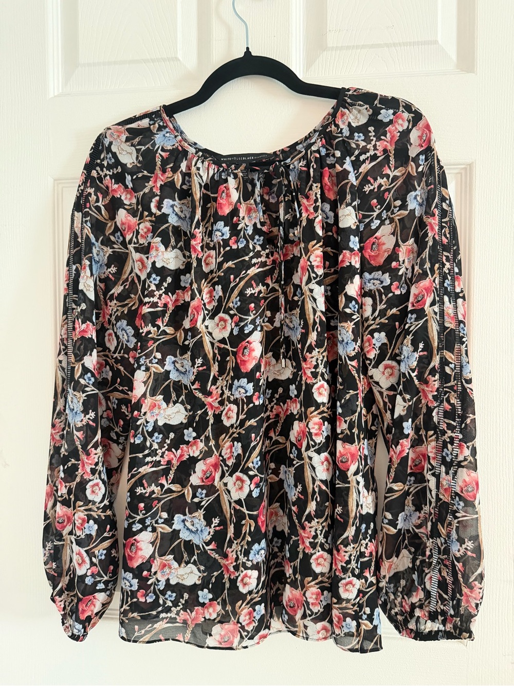 White House Black Market Black Floral Peasant Blouse with Pink & Blue Blooms